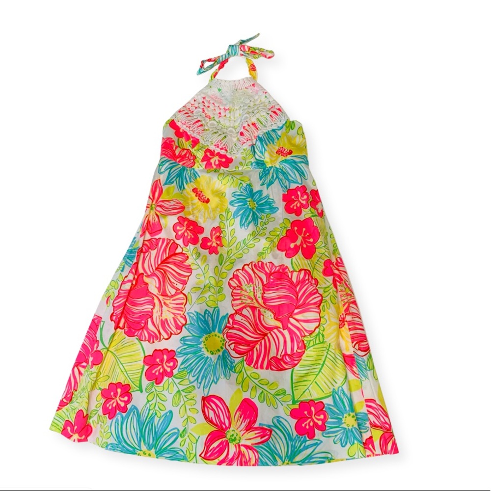 Lilly Pulitzer Floral Halter Cotton Dress With Crochet Lace